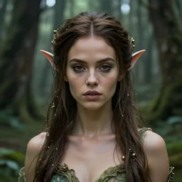 a cyborg forest nymph in an ancient forest, ana de armas, flawless symmetrical pretty cute face, greg rutkowski, 8 k, shallow depth of field, intricate detail, concept art,