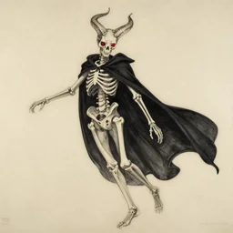 flowing, evocative by robert mcginnis. a beautiful body art of a horned, red - eyed, skeleton - like creature, with a long black cape, & a staff with a snake wrapped around it, standing in front of a castle atop a cliff.