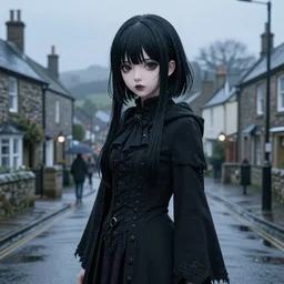 1 7 - year - old anime goth girl, black hair, long bob cut, long bangs, gothic coat, long bangs, united kingdom, rainy day, small town, midlands, english village, street view, ultra - realistic, sharp details, cold lighting, blue and gray colors, intricate details, subsurface scattering, hd anime, 2 0 1 9 anime