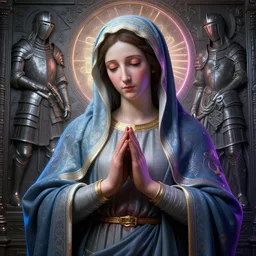impressive portrait of the virgin mary groot on her hands, background engraving details in armor, works of art, octane rendering, 8 k environment,, neon, high detail, 8 k, hdr, studio, matte painting, environment, digital illustration, artstation, byshardula, by kuvshinov