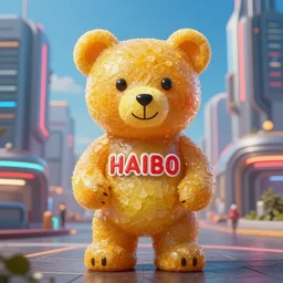 portrait of haribo bear in future city, color and shape focus, central composition, natural l