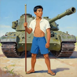 greg manchess side portrait of a filipino fighter with a staff standing in front of a tank, organic painting, sunny day, matte painting, bold shapes, hard edges, street art, trending on artstation, by huang guangjian, gil elvgren, ruan jia, randy vargas, greg rutkowski