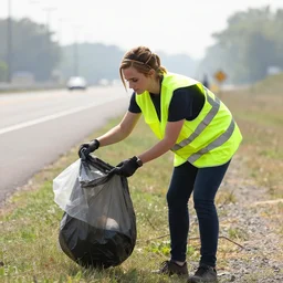 emma watson in a hi vis vest picking up trash on the side of the interstate. 2 0 0 mm zoom, humidity haze, midday sun,