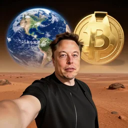 Elon Musk taking a selfie on Mars. There is earth and dogecoin in background,