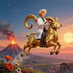 doc emmett brown by josephine wall, scientist riding ram, flying ram, golden ram, scientist checking his phone, erupting volcano in distance, flowers in foreground, sun setting on right side of image, stars in sky on left side of image, trending on artstation, fantasy, intricately detailed