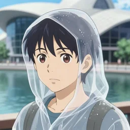 Cinestill 800t, 8K, highly detailed, seinen manga 3/4 closeup portrait, eye contact, focus on clear transparent raincoat, tilt shift zaha hadid style anime background: famous anime remake, pond scene