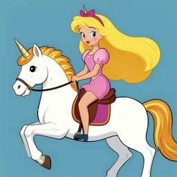 a princess with extremely long blond hair from a cartoon riding a unicorn by andy Warhol