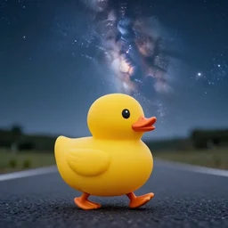 a toy yellow duck walking on the road and looking up at the sky, milky way, starry sky, art station trend, close up view - n 9