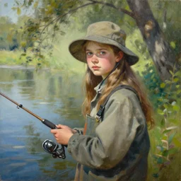 oil painting by ilya kuvshinov,, baugh casey, artgerm craig mullins, coby whitmore, of a youthful white girl, long hair, fishing and wearing fisherman's outfit, fisherman's hat, highly detailed, breathtaking face, studio photography, noon, intense bounced light, water reflection, large tree casting shadow, serine intense sunlight