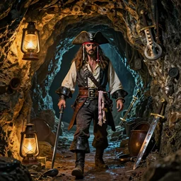 Cavern, pirates, lanterns, rust, old, swords, rum, ultra high quality, cinematic, colourful, concept art, 8k - g2