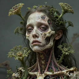 very sad and detailed rotten woman corpse with fractal plants and fractal flowers growing around her face muscles, veins, arteries, bones, anatomical, skull, eye, ears, intricate, ornate, surreal, ray caesar, john constable, guy denning, dan hillier