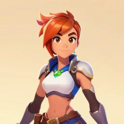 portrait of Tracer from Overwatch, centered, face forwards, professional, digital art, 2d, stylized, beautiful, colorful, clean and simple, warm lighting, Krita, Artstation, Pinterest