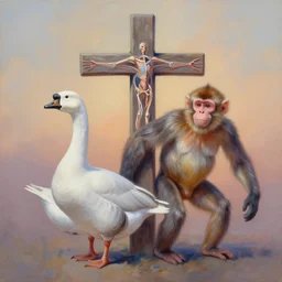 painting of cross between goose & monkey, intercrossed animal, by corine perier, anatomy by ellen jewett, anatomy by ronald ong, anatomy by arne olav gurvin fredriksen, cold hue's, warm tone gradient background, beautiful composition, digital painting