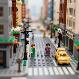 lego city street gritty macro long depth of field photograph, looks like new york in lego