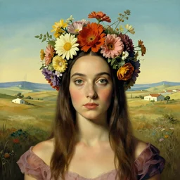 The girl with flowers for a head, surreal landscaping in the background, portrait by Salvador Dali, concept art, 4k, trending on ArtStation