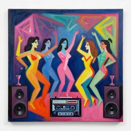 minimalistic. picasso, party, neon, colorful, party happy dancing girls and boys, mixtape, loudspeakers, music, stunning, award, hdr, 8 k, artstation, winning masterpiece by marc simonetti, by moebius and basquiat, oil on canvas