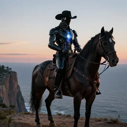 Dark gloss black futuristic cyborg with powerful glowing energy source in it's chest dressed in classic 1800s western cowboy outfit  majestically riding a horse at the edge of a scenic overlook cliff with views to the ocean and horizon at dusk. Photorealistic, cinematic, Award winning, ultra high resolution, intricate details, UHD 8K