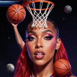 beautiful beautiful beautiful beautiful beautiful digital art of Doja Cat Doja Cat Doja Cat Doja Cat Doja Cat dunking basketball in outer space by Alena Aenami by Alena Aenami masterpiece masterpiece masterpiece symmetric face symmetric face hand holding basketball