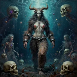 shackled in the void, by hr beeple and cgsociety. stunning goddess ofsasquatch, charlie bowater and tom bagshaw, insanely detailed, artstation, space art. atoms surrounded by skulls and spirits deep under the sea, horror, sci - fi, surrealist painting, by peter mohrbacher