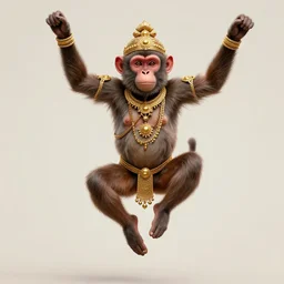 a highly detailed portrait of a monkey - human hybrid deity bearing gold ornaments, leaping with arms up, in the style of malika favre.