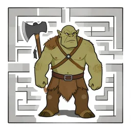 illustration of a orc in a maze wielding an axe, full body view, line art, illustrated, simple colors, detailed textures