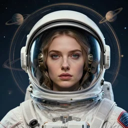 retrofuturistic portrait of a woman in astronaut helmet, planet graphic art in background, close up, dan mumford, liam brazier, peter mohrbacher, xf iq 4, f / 1. 4, iso 2 0 0, 1 / 1 6 0 s, 8 k, raw, featured in artstation, octane render, cinematic, elegant, intricate, 8 k