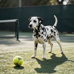 a dalmatian dog playing tennis, HD photo