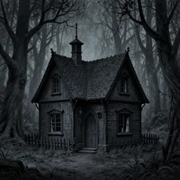 fairytale cottage in haunted woods, dark and gothic, full frame, art by edward gorey and warwick globe, black and white engraving, vector, vector art