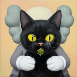 portrait of a black cat smooking mariguana by shusei nagaoka kaws, david rudnick, airbrush on canvas, pastell colors, cell shaded