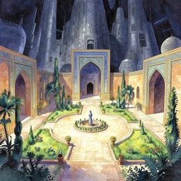 persian garden in a space fortress. this watercolor painting by the award - winning mangaka has dramatic lighting, an interesting color scheme, a sense of depth.