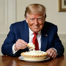 donald trump eating a cream pie at a wooden table, he is smiling, artist norman rockwell,