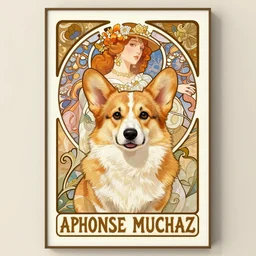 corgi poster designed by Alphonse Mucha and James Jean, high quality, details
