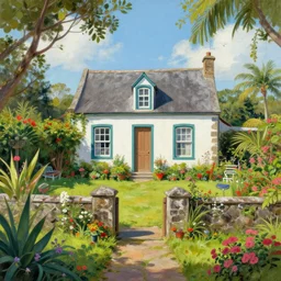 a typical house in a creole garden from reunion island painting by loish, by beeple, by thomas kinkade, trending on artstation