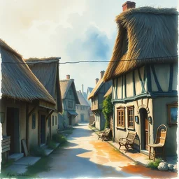 watercolor painting of rustic village street, straw roof, scandinavian mythology, ambient lighting, art by hans dahl, by jesper ejsing, art by anders zorn, wonderful masterpiece by greg rutkowski, cinematic light, american romanticism by greg manchess, creation by tyler edlin
