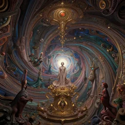 a psychedelic realm twisting in on itself at the edge of reality and time, in the style of h. r. giger and dennis konstantin and amanda sage, lush, sumptuous, exquisite, elegant, elaborate, rich, ray traced, global illumination, artstation