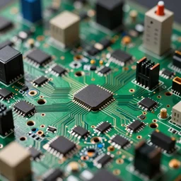 a close up of a circuit board as a city, tilt shift photography, high quality, detailed