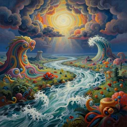 Psychedelic sci-fi dreamworld. Landscape painting. Organic. Winding rushing water. Waves. Clouds. Peter Max.