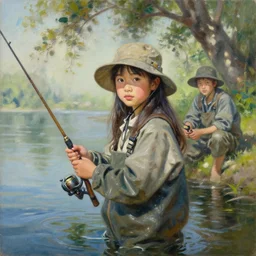 oil painting by ilya kuvshinov,, baugh casey, craig mullins, coby whitmore, of a youthful japanese girl, long hair, fishing and wearing fisherman's outfit, fisherman's hat, highly detailed, breathtaking face, studio photography, noon, intense bounced light, water reflection, large tree casting shadow, serine intense sunlight