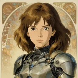 one single young mysterious girl with dark blond wavy hair with side swept bangs, one single perfectly proportioned face, one head, brown eyes, strong square jawline, natural lighting, path traced, highly detailed, high quality, cartoon, digital painting, by new haicheng and studio ghibli and alphonse mucha, and wearing an alien mechanical armor designed by h. r. giger