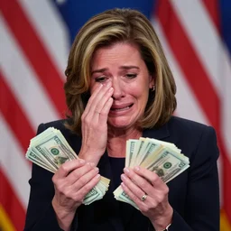 photo of liz cheney crying over stacks of money in her hands