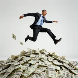 Barack Obama jumping into a large pile of money, photo