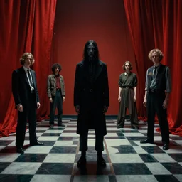 extremely detailed movie shot portrait of a dark bizarre figure standing in a checkerboard checkerboard room by denis villenueve, yves tanguy, lovecraft, roger dean, amano, david lynch, dynamic composition, rich moody colours, deepdream, red drapes