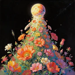an epic fantastic realism comic book style painting of the most beautiful flowers launched into space, bouquets, the enchanted circling of hummingbirds, solar eclipse, 8 k, ultra realistic, lens flare, atmosphere, glow, detailed, intricate, full of colour, cinematic lighting, 4 k, hyperrealistic, focused, extreme details, unreal engine 5, cinematic, masterpiece