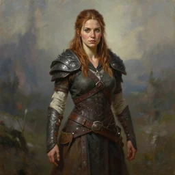 a full body high detail fantasy portrait oil painting illustration of maya hawke as a rugged stoic barbarian woman by justin sweet with face and body clearly visible, in a scenic background, clip studio paint, pupils visible, realistic proportions, d & d, rpg, forgotten realms, artstation trending, high quality, sombre mood, artstation trending, muted colours, entire person visible!, natural light,