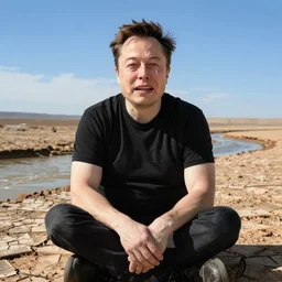 elon musk, crying one single tear, facing the camera and sitting on a dried up river in a desolate land, blue sky, hot and sunny, highly-detailed, elegant, dramatic lighting, artstation, 4k, cinematic landscape, photograph by Elisabeth Gadd