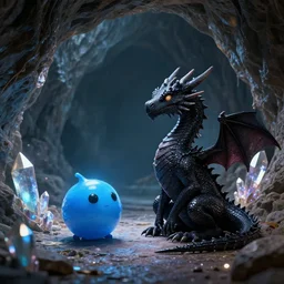 a little spherical blue slime looking to a sitting black dragon inside a cave with magic crystals, hyperrealistic, digital art, concept art, octane render, unreal engine 5, trending on DeviantArt, trending on DeviantArt, highly detailed, high quality, 8K HDR, path traced, anatomically correct, geometric, cinematic, high coherence