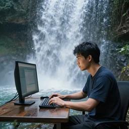 a man playing on his computer under a cascade of water, hyperrealism, concept art, 8k hdr, highly detailed, high quality, post processed, cinematic lighting