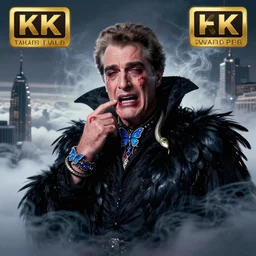 hyperrealistic portrait of rudy giuliani as a bloody vampire sorcerer crying, black swan feathers coat, sapphire butterfly jewellery, snake bracelet, snake collar, snake hair, mystic fog smoke, above the clouds skyscrapers. by jeremy mann, fantasy art, photo realistic, dynamic lighting, artstation, poster, volumetric lighting, 4 k, award winning