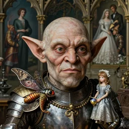 medieval hieronymus bosch closeup face portrait of a tin toy goblin moth dragon wearing armour and young girl marriage portrait, nicoletta ceccoli, mark ryden, lostfish, hyung tae, frank frazetta, depth of field, detailed and intricate gothic environment, 8 k resolution, hyperrealistic, octane render