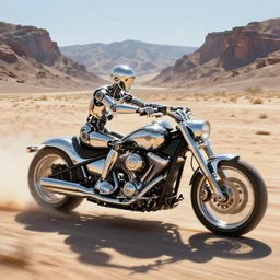 futuristic high chrome motor - bike with biomechanical rider, speeds from right to left across the desert valley between the mountains. high noon, strong light, glinting from chrome highlights, light heat wave distortion, symmetrical, concept art, intricate detail, volumetric shadows and lighting, realistic oil painting by tim hildebrandt,